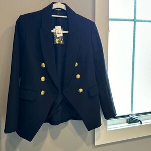 Soft & Sleek Double Breasted Novelty Button Blazer - Navy